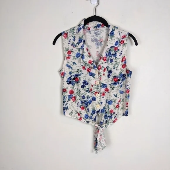 Vintage 90s Button Down Tie Front Cropped Blouse Top small - Picture 2 of 7